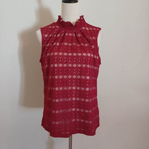 SOLD E - PerSeption Concept Red Lace Overlay Sleeveless Top Size Large - Picture 1 of 9